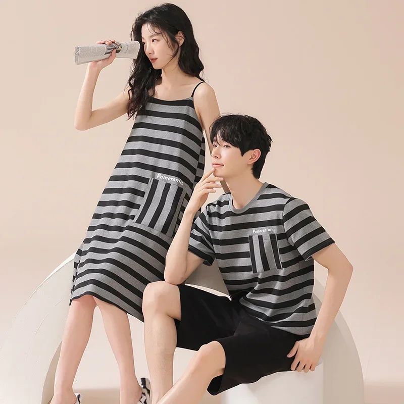Парные хлопковые полосатые пижамы с короткими рукавами весна-лето домашняя