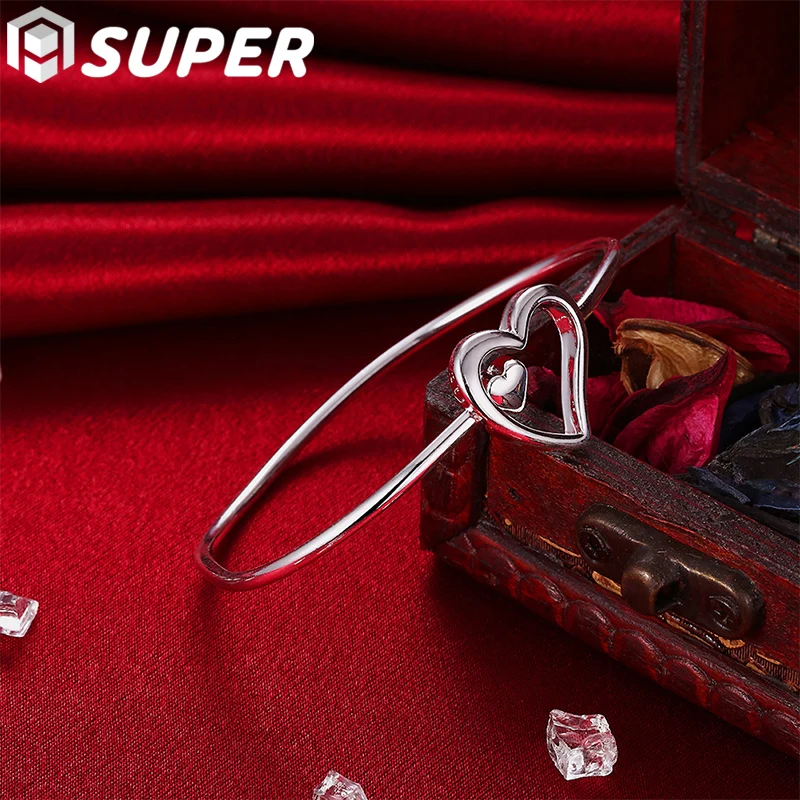 

925 Sterling Silver Double Heart Opening Bangle Bracelet For Woman Wedding Engagement Party Fashion Charm Jewelry