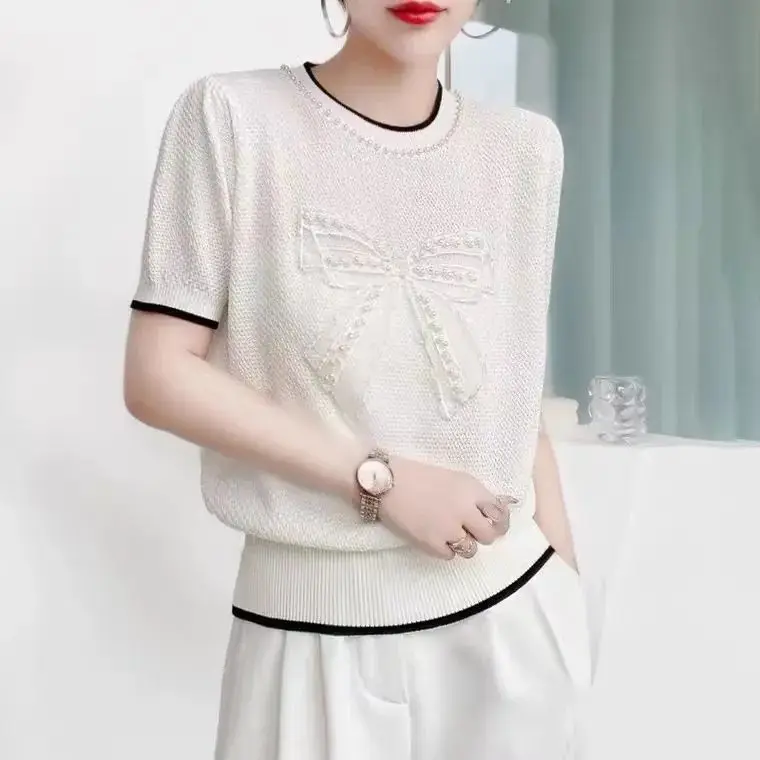 Нежная весенне-Летняя трикотажная рубашка с короткими рукавами и бусинами