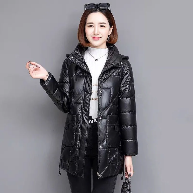 2023 New Glossy Down Cotton Jacket Women Winter Loose mid-length Hooded Warm Thicken Outwear Casual Female Parkas Overcoat