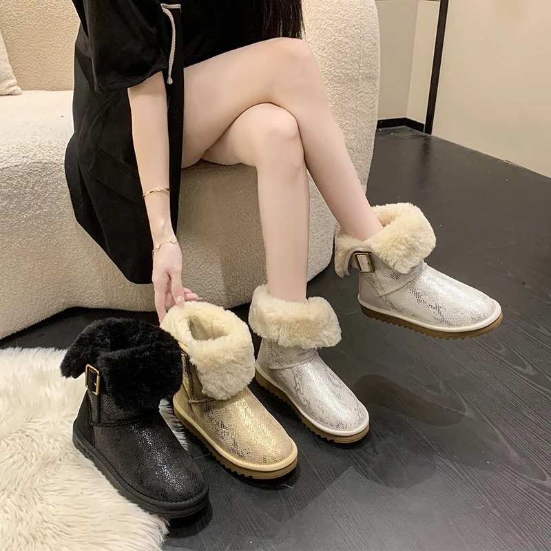 

Ботинки-женские на плоской подошве, австралийская зимняя обувь с круглым носком, женская обувь 2022, кожаные ботильоны с низким мехом для снеж...