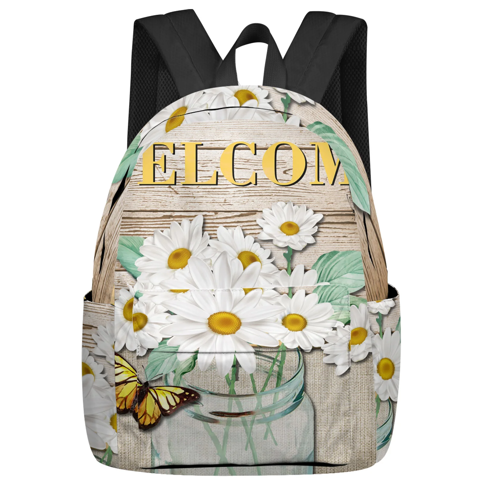 

Рюкзак для ноутбука для мужчин и женщин, школьный ранец для подростков с текстурой дерева и маргариток, бабочки