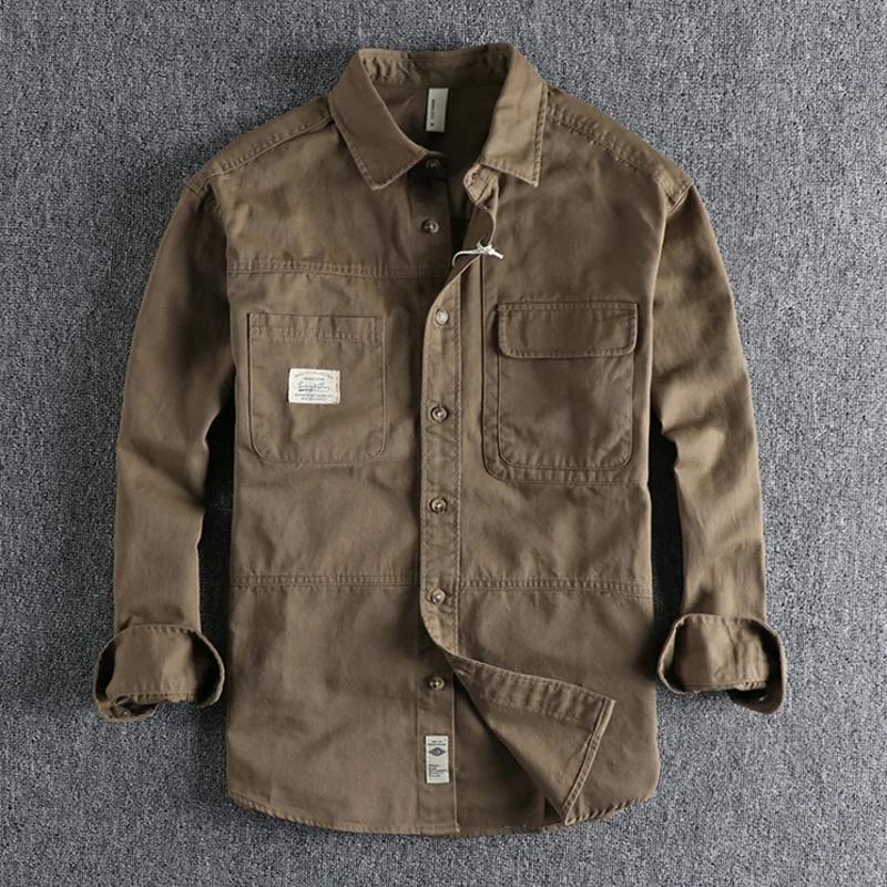 

Рубашка Ameikeji Мужская в стиле ретро, простой топ с длинными рукавами-карго, Хлопковая универсальная модная свободная Молодежная рубашка, на осень