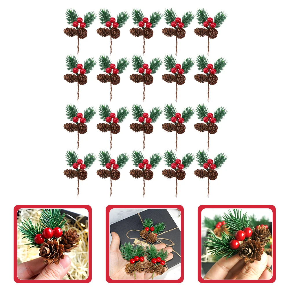 

20Pcs Berry Pine Cones Pine Needles Stems Picks Artificial Christmas Berries Decor for Crafts