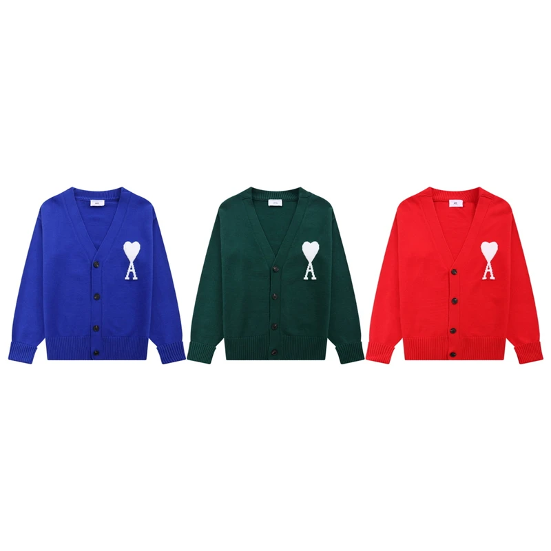 

Ami Paris 2022 Love Sweater Love A-letter White Heart Jacquard Cardigan V-neck Wool Sweater Loose Men's And Women's Coats