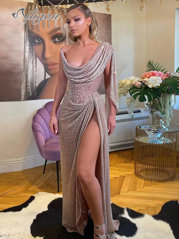 

Ailigou 2022 New Summer Women Fashion Sexy Luxury Sequin V Neck Off Shoulder Sleeveless Long Elegant Celebrity Party Dress