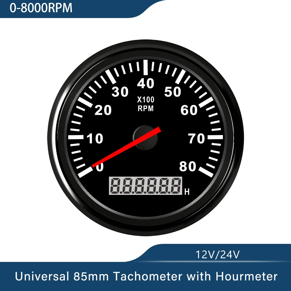 Новый тахометр 3-8 К об/мин, счетчик REV с счетчиком часов, 85 мм, бензин, дизель, 12 В, 24 В, красная подсветка