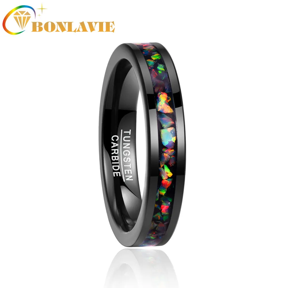 BONLAVIE AAA Quality 4MM Tungsten Carbide Ring Inlaid Opal Black Wedding Rings Tungsten Carbide Ring Men Women Jewelry