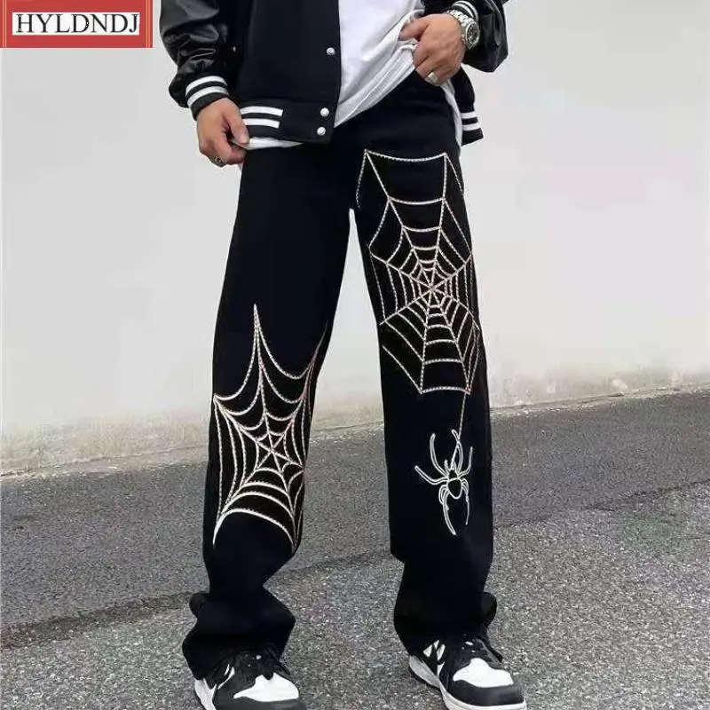 Men's Street Hip Hop Trend Straight Wide Leg Pants Jeans Couples Loose Versatile Jeans American Retro Spider Web Print Jeans