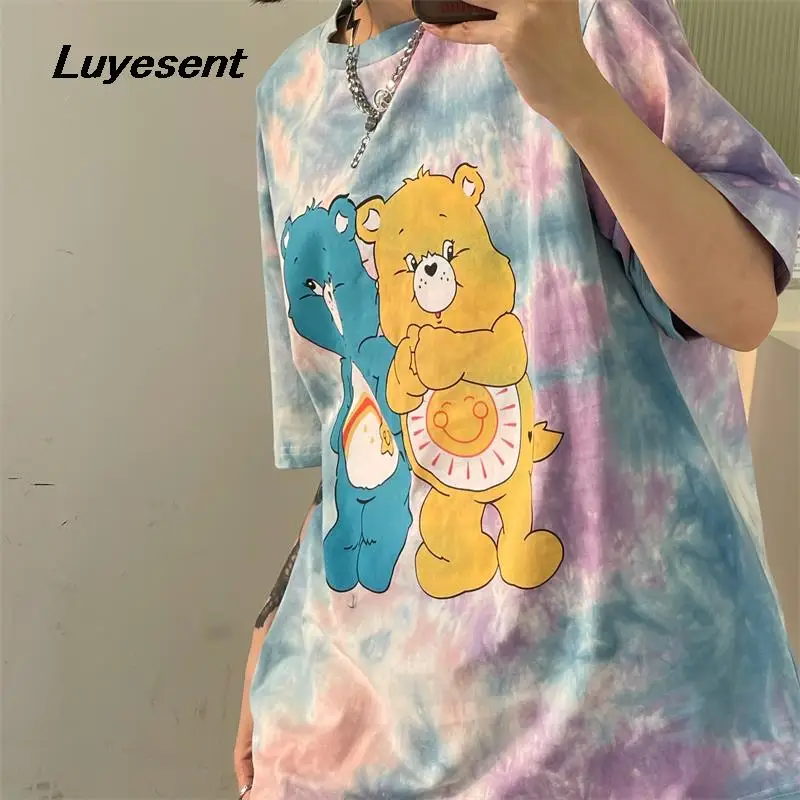 

Female Lovely Cartoon Bear Print Cotton T Shirt Summer Lady Harajuku Colorful Tie Dye Short Sleeve T-shirts Outdoor Casual Top