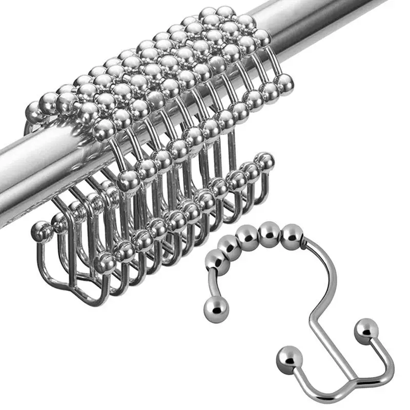 

Shower Curtain Rings Stainless Steel Curtain Rod Hooks 12 Pcs Bath Curtain Hooks Double-sided With Glide Rollers Hooks For
