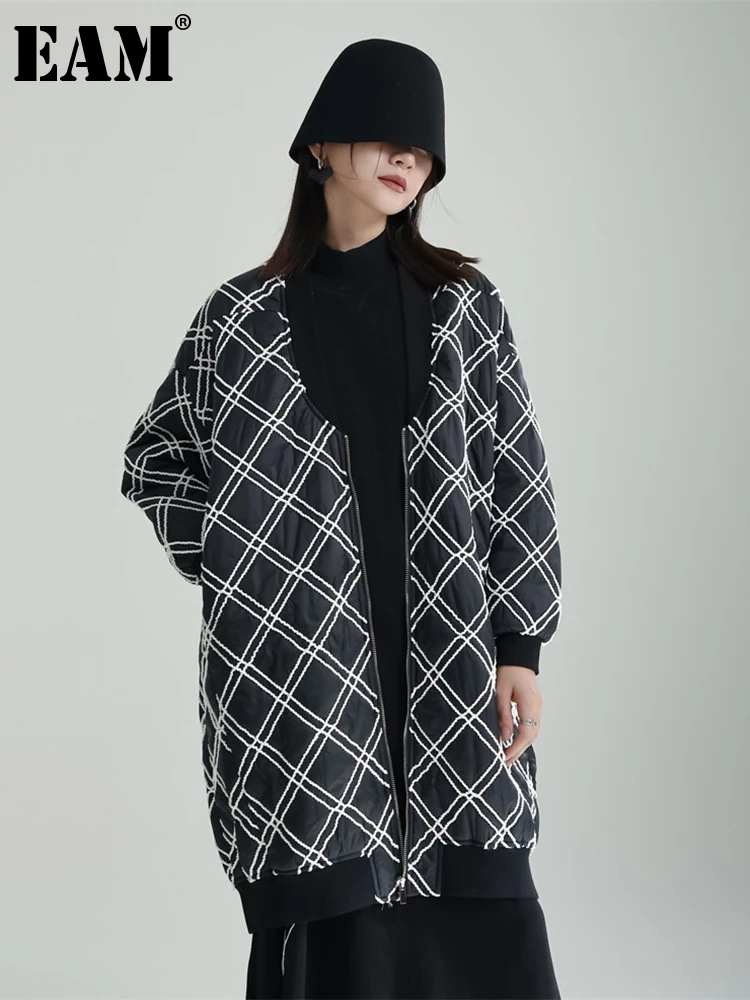 

[EAM] Black Pattern Big Size Cotton-padded Coat Long Sleeve Loose Fit Women Parkas Fashion Tide New Autumn Winter 2023 1DF2789