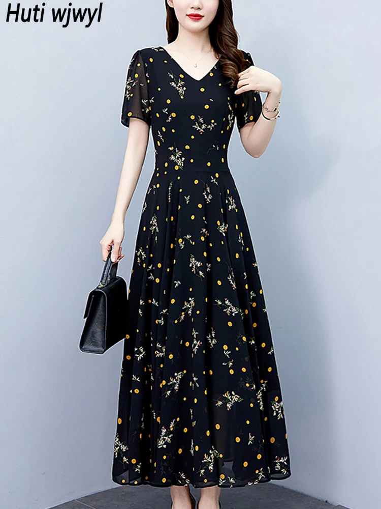 Женское шифоновое платье с цветочным принтом, облегающее длинное платье с коротким рукавом, черное винтажное платье в Корейском стиле Хепберн, Элегантное повседневное платье, лето 2023