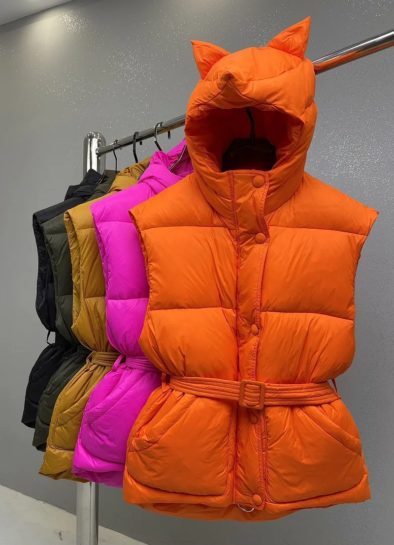 

Female Clothing Free Shipping 2022 Hit New in Outwears Fox Ear With Belt Hooded Cotton Vest Short Warm Winter Jacket Coat Women