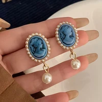 vintage blue portrait pearl baroque palace style cameo queen head portrait earrings ins temperament silver color needle earring