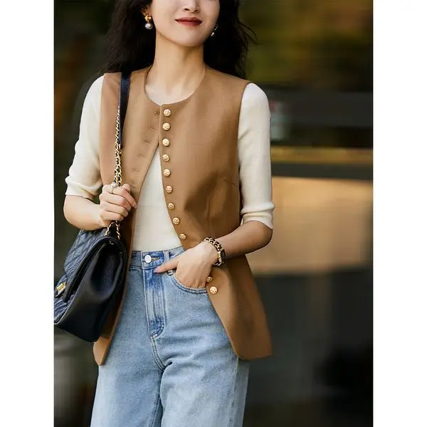 

Spring Summer Women Fashion Front Buttons Cropped Waistcoat Vintage O Neck Sleeveless Female Outerwear Chic Vest Tops M554