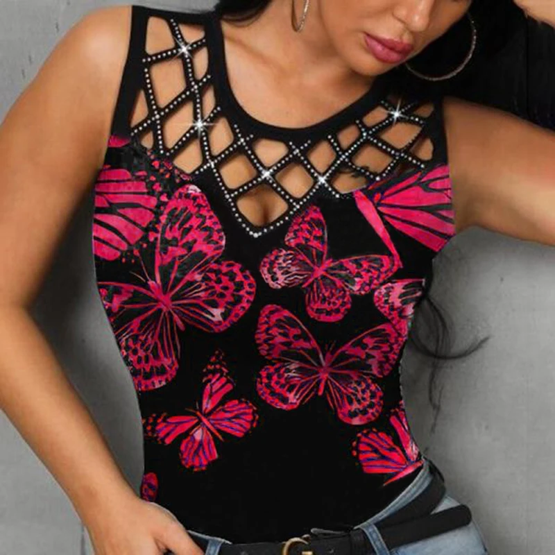 

Summer Mesh Tops Flower Printed Camisole T-shirt Fashion Sleeveless Tshirt Vintage Clothes Sexy Tank Blusas Mujer de Moda 2022