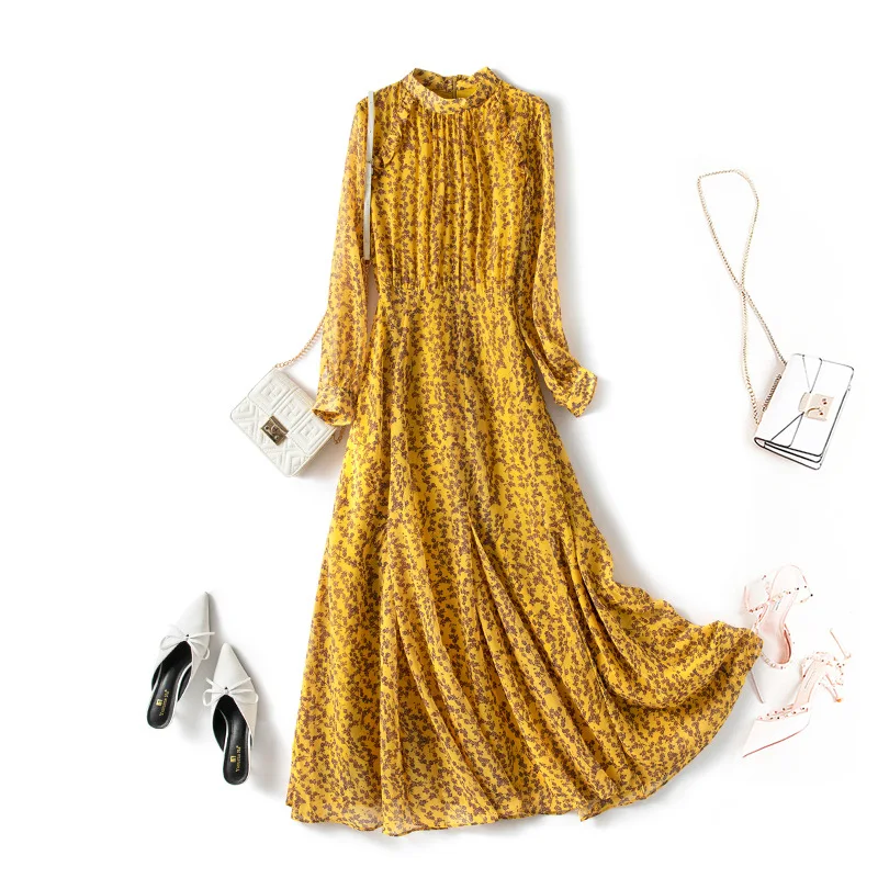 

2022 новое осеннее платье XXL 5XL Женская одежда высокого качества элегантные вечерние длинные свободные шифоновые платья золотистого и желтого цвета с принтом