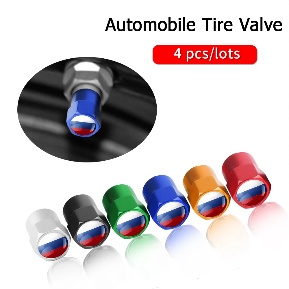 

4PCS Wheel Tire Valve Stem Caps Russia Flag logo For Lada Volvo Nissan Hyundai VW Renault Chevrolet Toyota Skoda BMW Car styling