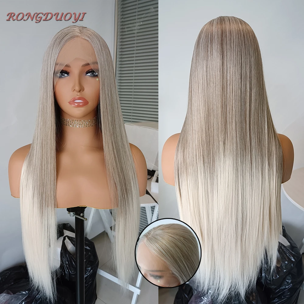 Серая синтетическая кружевная Передняя парик RONGDUOYI Омбре для женщин длинные