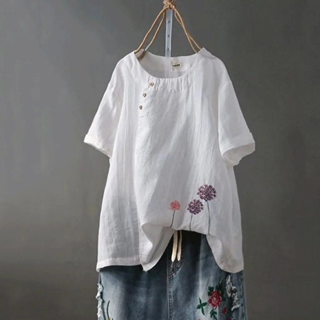 

Blouse Casual Embroidery Women Loose Top Solid Sleeve Button Shirt O-Neck Short Women's Dressy Tee Shirt Tall Shirts Women