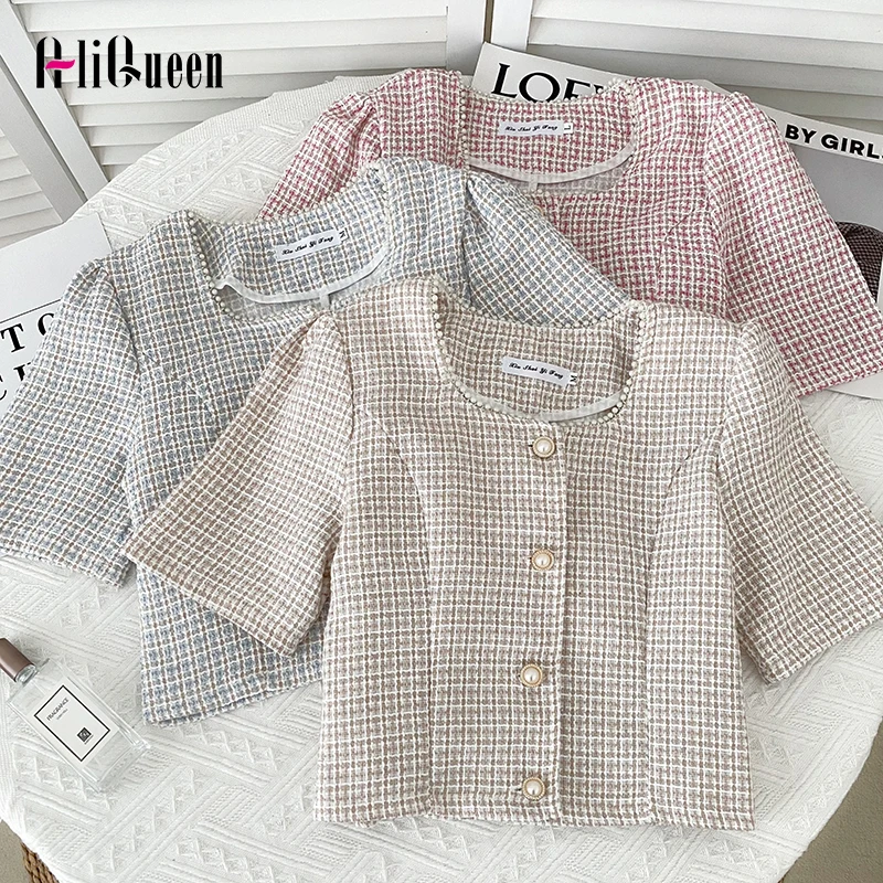 

Summer Women Plaid Short Sleeve Tweed Beading Coats Female Korean Fashion Vintage Square Neck Jacket Femme Veste Cropped Tops