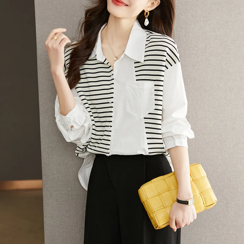 Женская Асимметричная рубашка в полоску черно-белая блузка составного кроя с