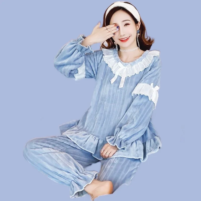 Sexy Bow Homewear Women's Winter Pajamas Set Women Sweet Princess Full-Sleeve Warm Pink Pyjamas Top Clothes Big Size