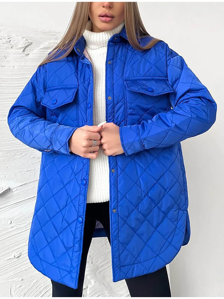 Taruxy Winter Warm Rhombus Cotton-Padded Coats Women Black Long Breasted Lapels Loose Puffer Jackets Outwear Parkas Bombers 2022
