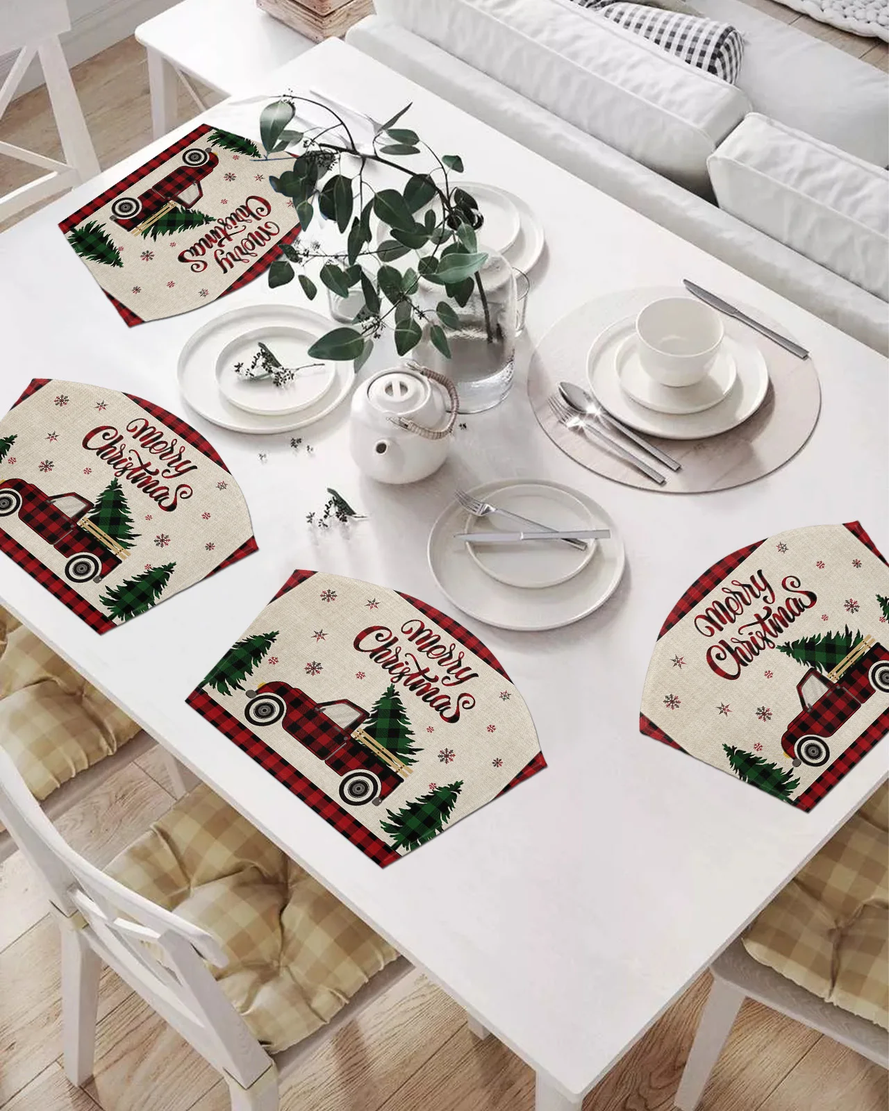 

Набор подставок в форме веера из 2/4/6 шт., коврики в красную клетку с рождественскими снежинками, грузовиками, подставки, Рождественский дома...