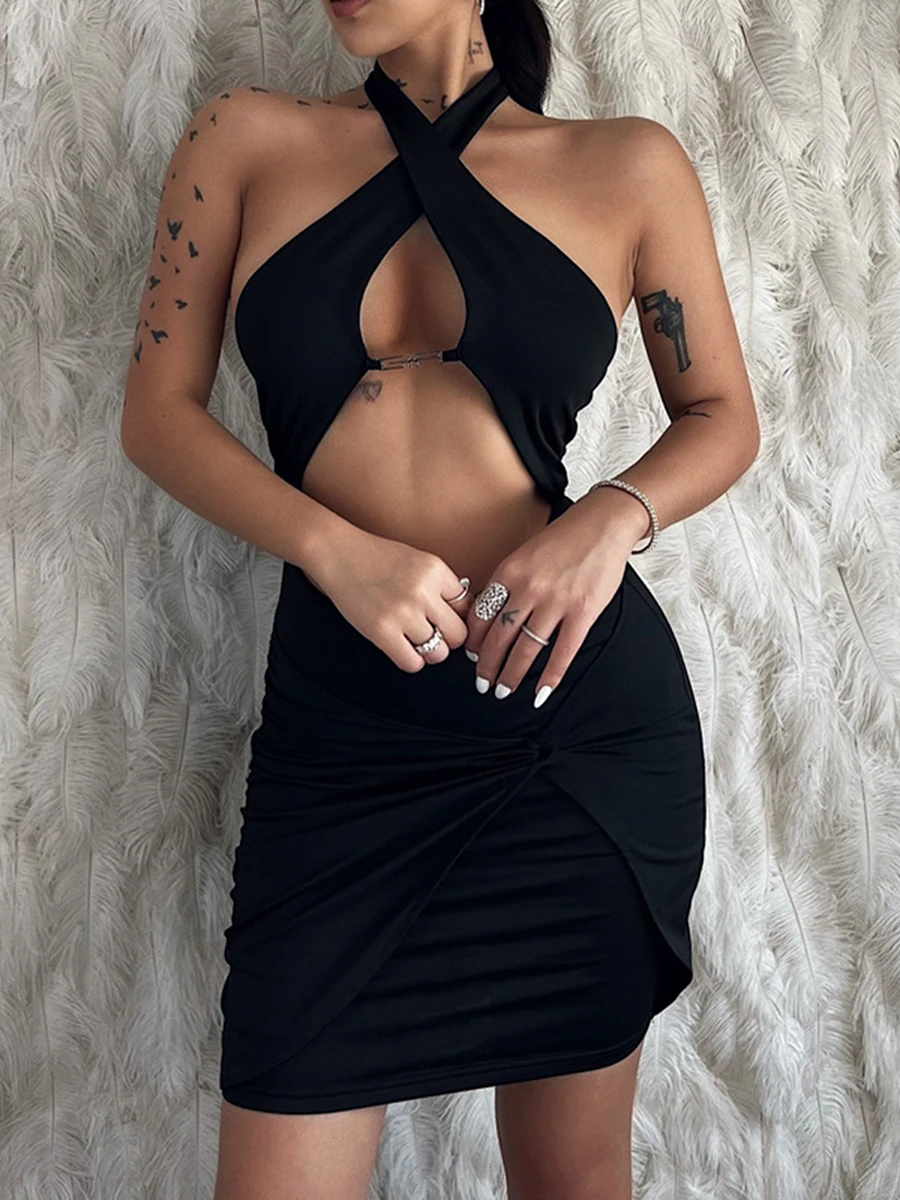 

Женское платье с лямкой через шею, летнее черное однотонное платье с открытой спиной, облегающее короткое платье с запахом, Размеры S/ M/ L