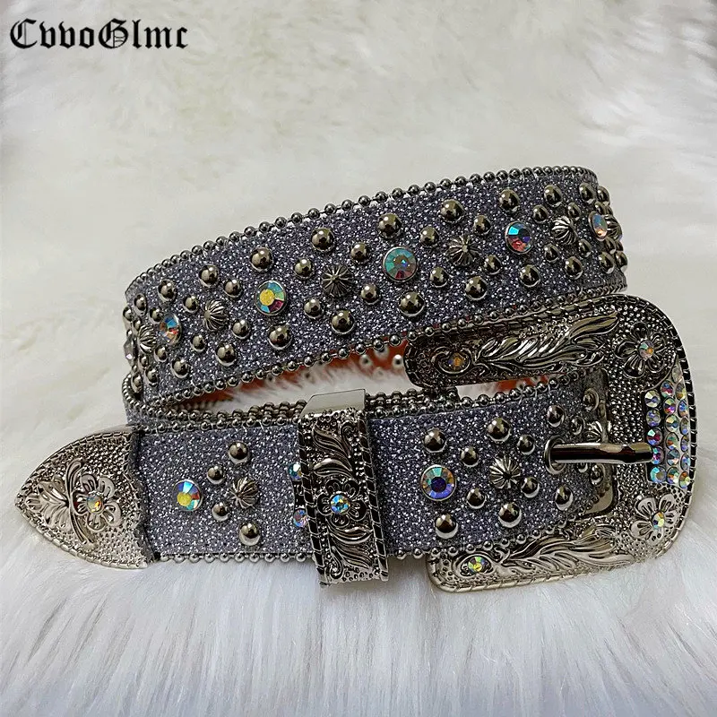 

Punk Rivet Western Rhinestones Belt Studded Diamond Cinturones Goth Style Belts for Women Luxury Designer Brand Strap For Jeans