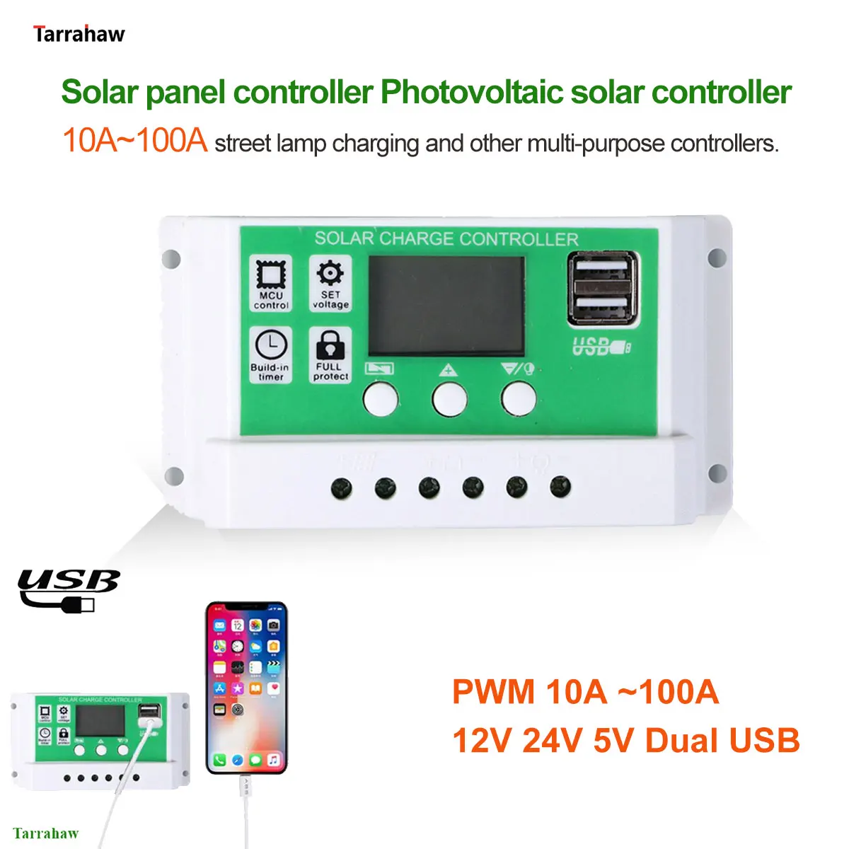 

Solar Controller 10A-100A 12V/24V Adaptive Battery Regulator Charge and Discharge Photovoltaic Street Lamp Control System 2USB