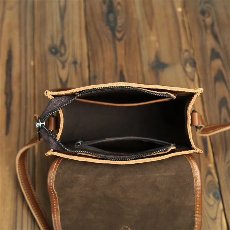 New leather small square bag for women versatile retro first layer cowhide shoulder bag 7 inch mobile phone bag for women