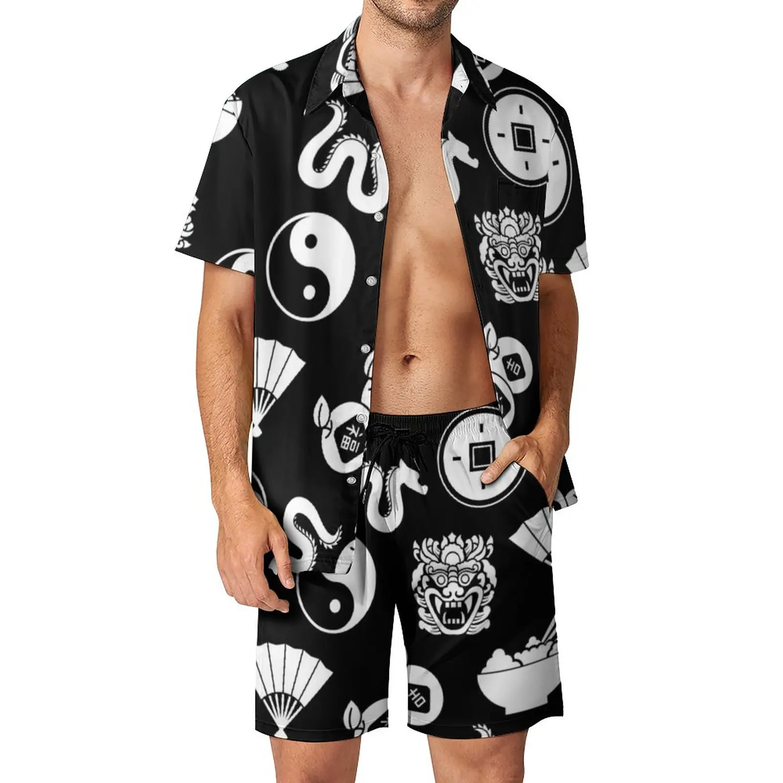 

White Dragon Print Men Sets Japanese Art Casual Shorts Beach Shirt Set Summer Novelty Suit Short-Sleeved Oversize
