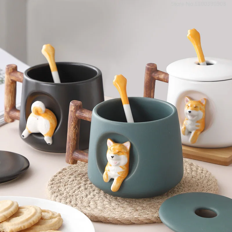 

420ml Cartoon Ceramic Mug Cute 3D Shiba Inu Dog Lid Spoon Milk Tea Creative Coffee Cup Single Layer Couple Coffee Cups Handmade