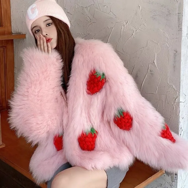 

2023 New Woven Fur Integrated Coat Women's Strawberry Sweetheart Youth Jacket