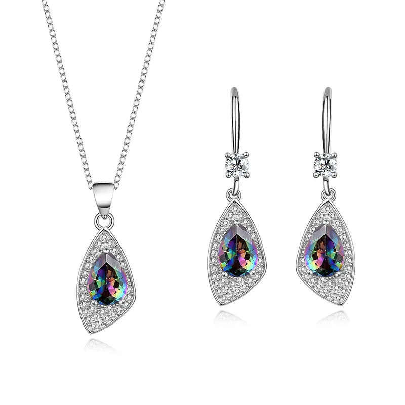 

Fine Jewelry Set Luxury 925 Sterling Silver Zircon Pendant Necklace for Women Gem Ring Drop Earrings Wedding Set Gift for Wife