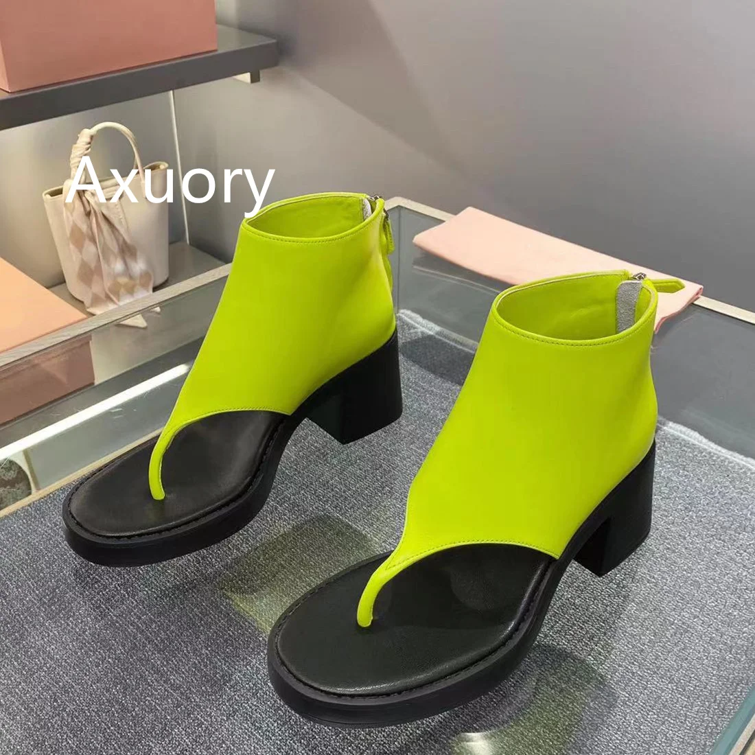 2023 New Women's Flip-flops Genuine Leather Fashion Style High heel 7cm Dress Shoe New Sandals Chunky Block Heel Ankle