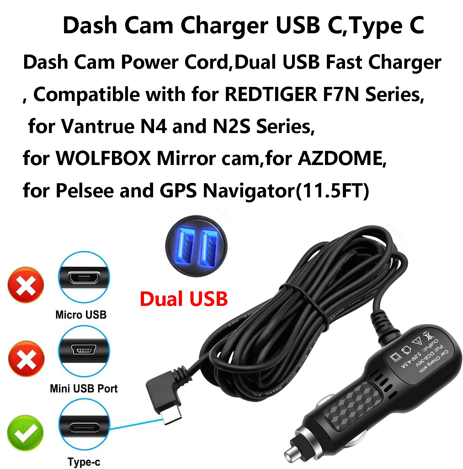 Фото Зарядное устройство для видеорегистратора Type-C с двумя USB-портами для REDTIGER F7N Series, Vantrue N4 и N2S Series, а также для WOLFBOX Mirror (11.5FT) №5