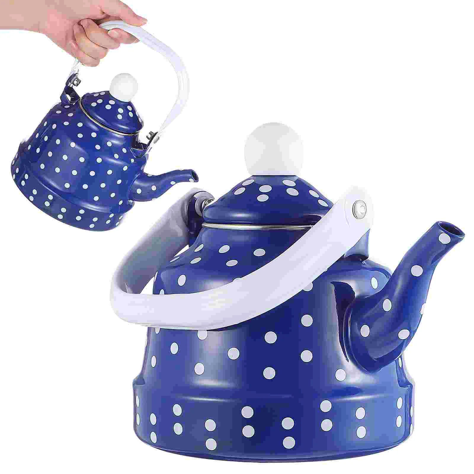 

Ancient Bell Pot Kitchen Tea Kettles Stovetop Teapots White Whistling Enamel Blue Camping House