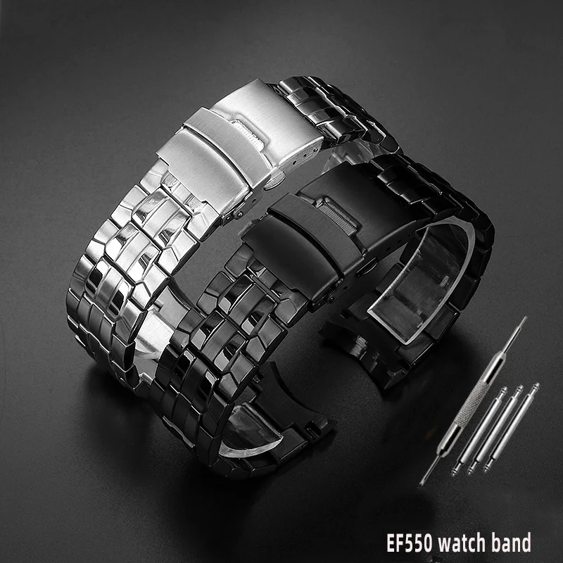 For Casio EF-550 EF-524 Stainless Steel Watchband 22mm Silver Strap Deployment Buckle Bracelet Metal Belt Men's Watch Chain