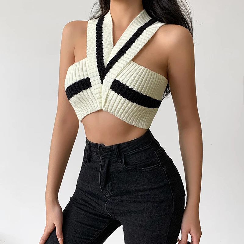 

White V-neck Tank Tops Women New Design Slim Fit Sleeveless Knitted Cropped Top Outwear Summer New