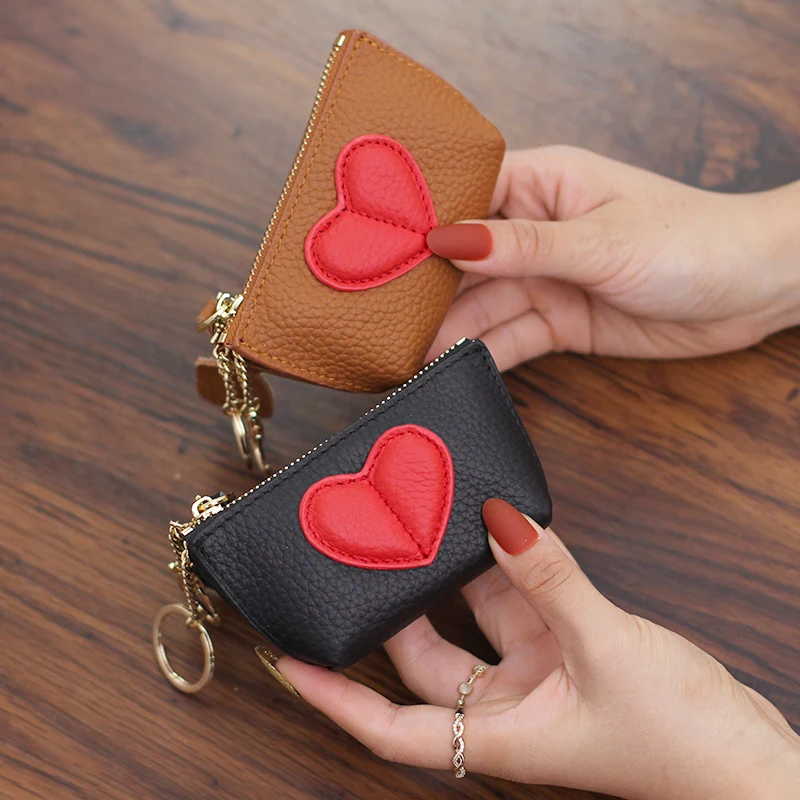 Ladies Wallet Luxury Design Card Holder Soft Solid Mini Coin Purse Genuine Leather 2023 Summer New Heart Zip Card Holder Small