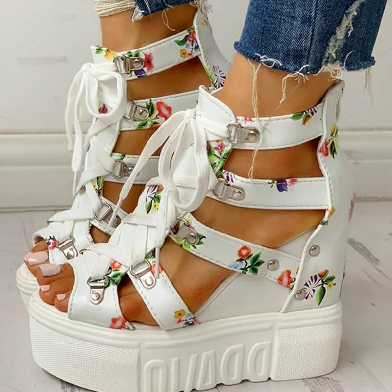 

2023 Summer Printing Casual Wedge Women's Shoes Women's Sandals Thick Sole Laces High Heels Casual Women's Shoes Zapatos Mujer