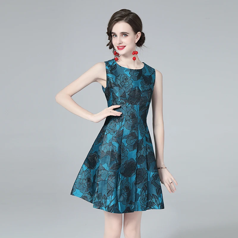 High Quality New Fashion Blue Jacquard Sleeveless Dress 2022 Summer Women's Vintage Temperament Party Dress Vestidos