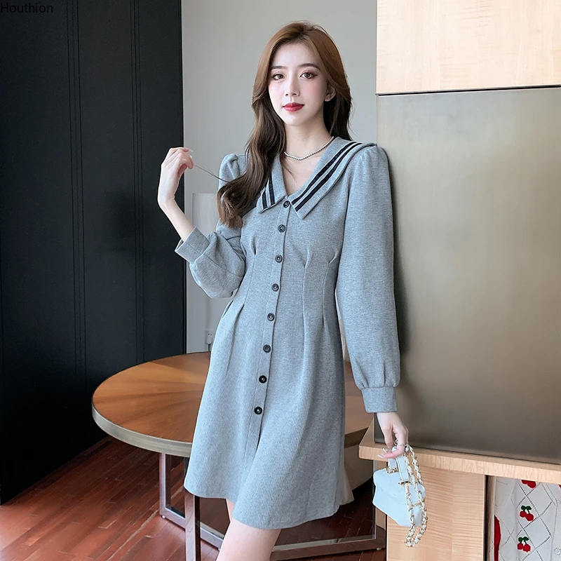 

Autumn New Women's Dress Doll Collar Long Sleeve Printing Buttons Knitting Fashion