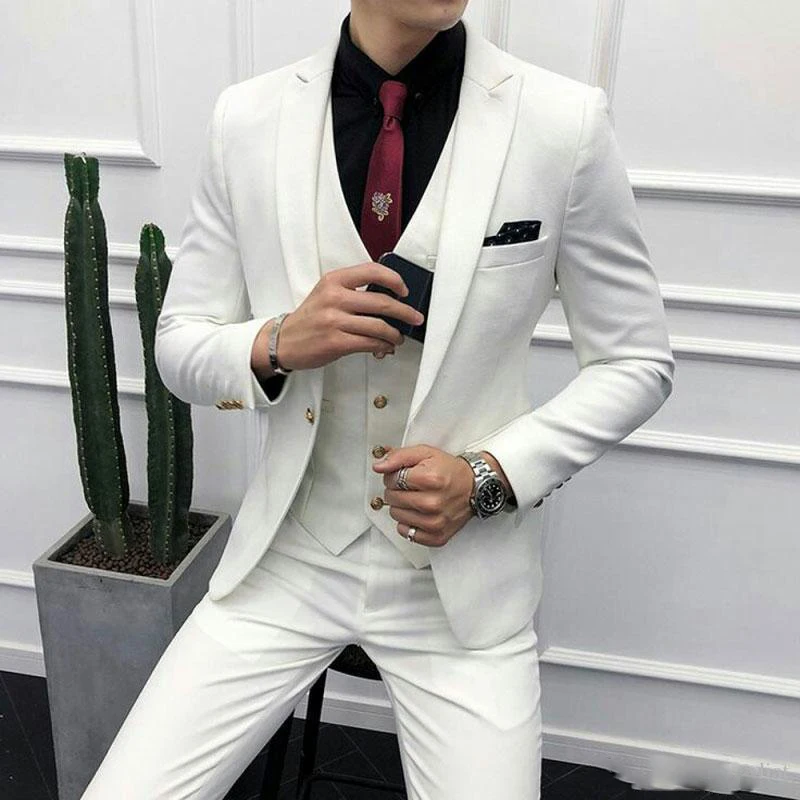 

Tailor Made Formal Ivory Men Suits for Wedding Man Blazer Peaked Lapel Slim Fit Groom Tuxedos 3 Piece Ternos Costume Homme