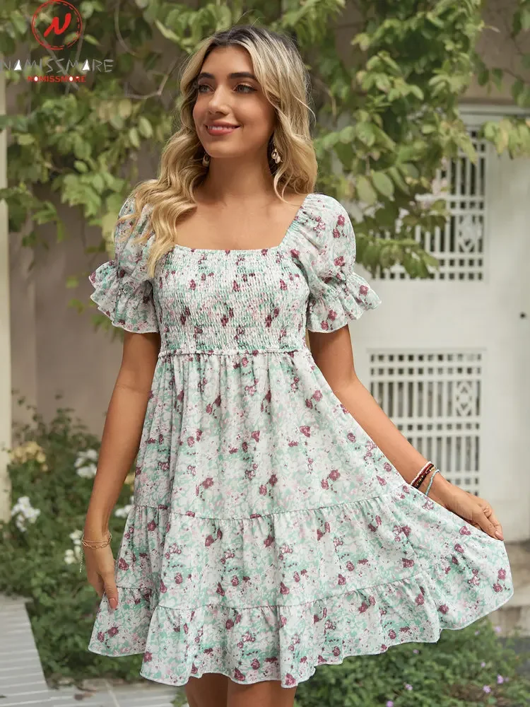 

Милое женское летнее платье-трапеция с принтом, дизайнерское облегающее мини-платье с оборками, квадратным вырезом и расклешенными рукавами, высокой талией