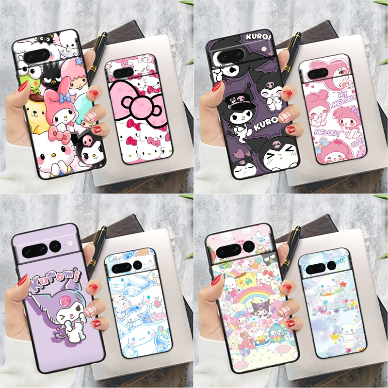 

Cartoon Cute HelloKitty For Google Pixel 8 7 6 6A 5 4 5A 4A XL Pro 5G Silicone Shockproof Soft TPU Black Phone Case Cover Fundas